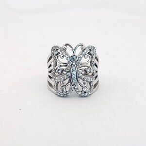 Sterling Silver 925 Butterfly Statement Ring w/ CZ Accents — Size 10.5 Estate